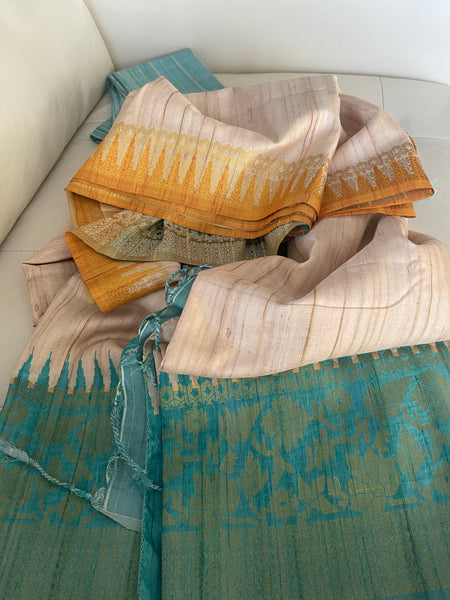 Soft Tussar Silk in Teal and Orange with Ganga Jamuna Border