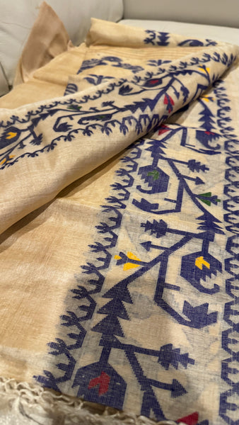 Navy Blue Handwoven Pure Tussar Silk Jamdani Saree