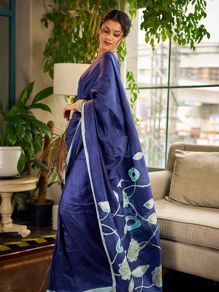 Navy Pure Silk Saree with Painted Floral Pallu & Light Blue Trim