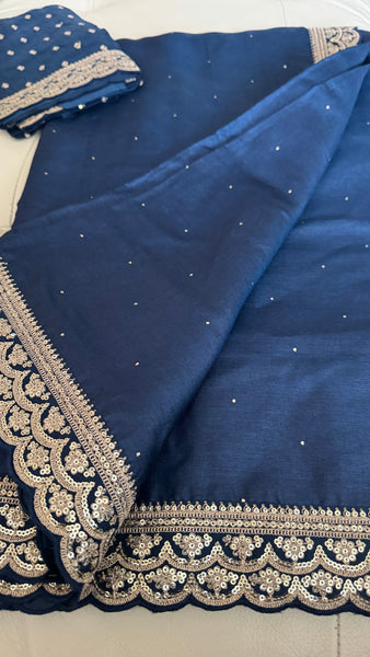 Midnight Blue Tussar Silk Saree with Zardosi Border