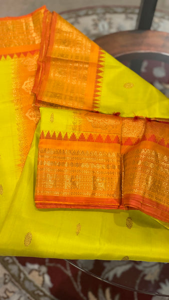Greenish Yellow and Orange Pure Silk Handloom Gadwal Saree