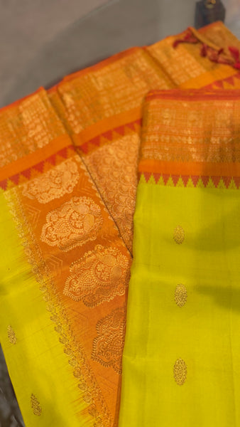 Greenish Yellow and Orange Pure Silk Handloom Gadwal Saree