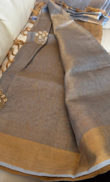 Dual Tone Grey Silver Gold Tone Tissue Linen Saree