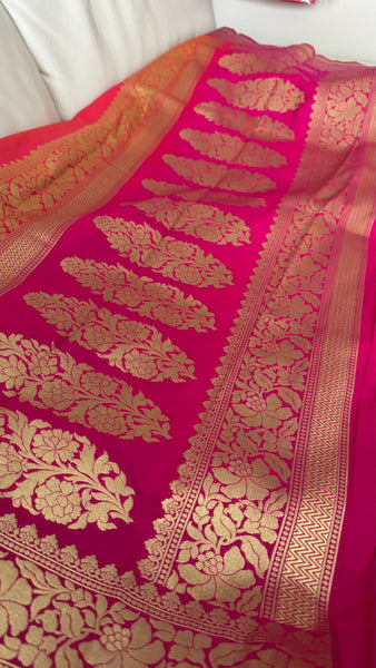 Iridescent Coral Pink Silk Saree