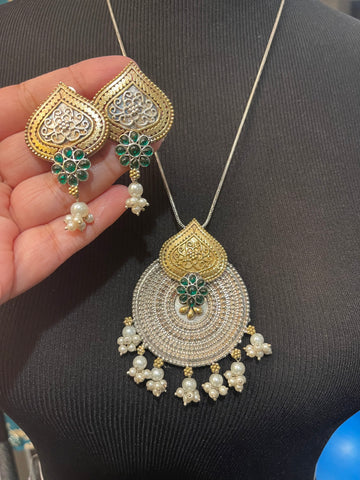 Dual Tone Silver Look a Like Necklace Pendant and Earring Set with Emerald Stone