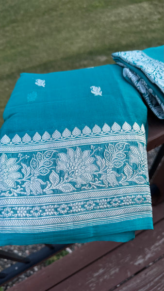 Teal Pure Handwoven Khaddi Banarasi Chiffon Georgette Saree