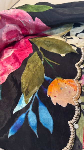 Black Multicolor Crepe digital print with pearl and Katdana borders