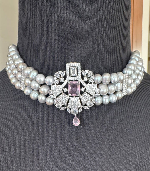 Natural Freshwater Gray Real Pearl Set with CZ and Pinkish Lavender Stone