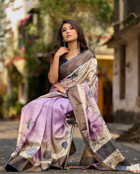 Dusty Lavender Tussar Silk Saree with Elegant Floral Print & Zari Border