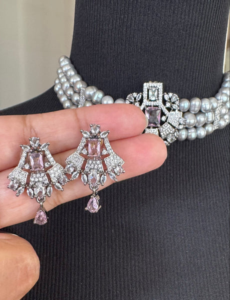 Natural Freshwater Gray Real Pearl Set with CZ and Pinkish Lavender Stone