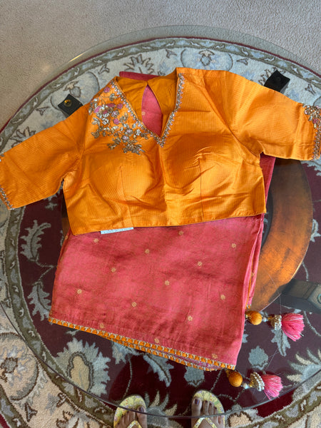 Coral Pink and Orange Katan Tanchoi Silk Saree