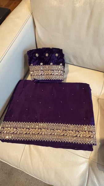 Purple Crepe Silk Sarees with Sabyasachi Border with Velvet Blouse