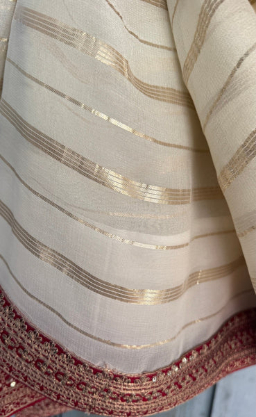 White and Red Georgette Chiffon Zardosi Saree