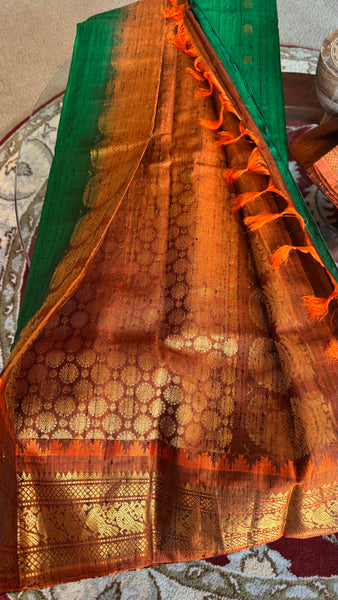 Green and Orange Pure Handloom Raw Gadwal Silk Saree