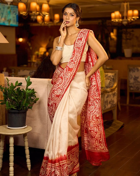 Red & Ivory Batik Saree