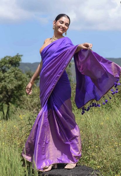 Blue and gold half-and-half saree with gold scallop lace