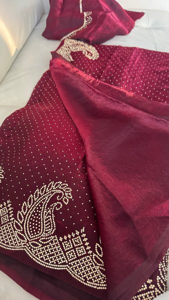 Deep Maroon Silk Crepe All-Over Stone Embellished Saree