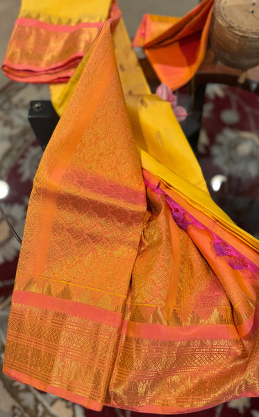 Yellow and Coral Pink Pure Silk Handloom Gadwal Saree