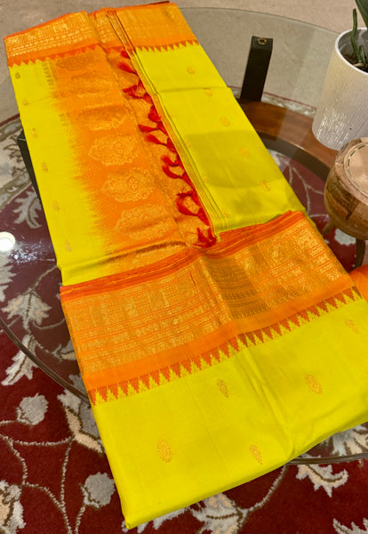 Greenish Yellow and Orange Pure Silk Handloom Gadwal Saree