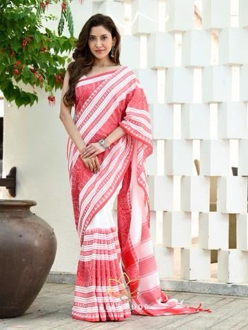 White and Red Handloom Cotton Saree
