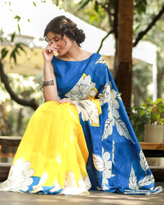 YELLOW & BLUE PURE SILK HANDPAINTED SAREE