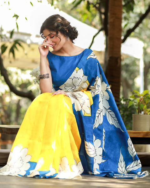 YELLOW & BLUE PURE SILK HANDPAINTED SAREE