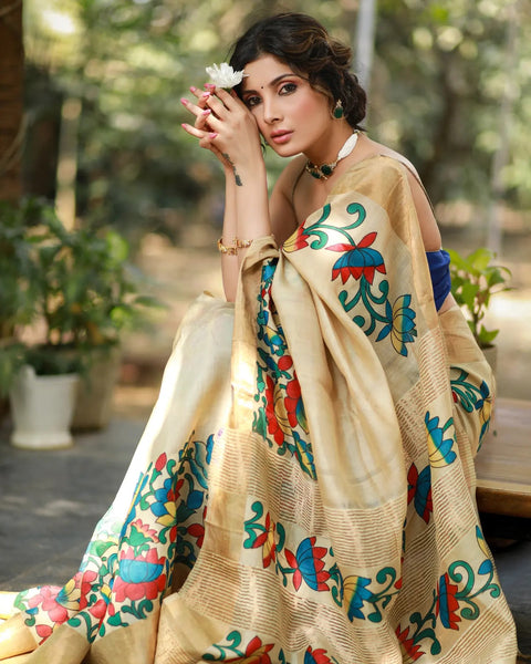 CREAM PURE SILK HANDPIANTED KALAMKARI SAREE WITH ZARI BORDER