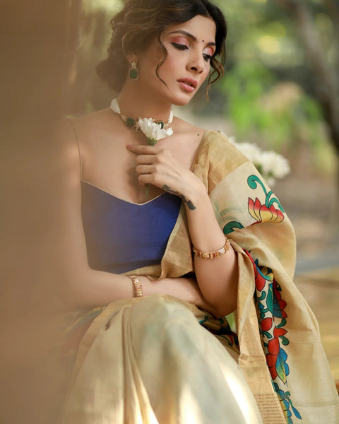 CREAM PURE SILK HANDPIANTED KALAMKARI SAREE WITH ZARI BORDER
