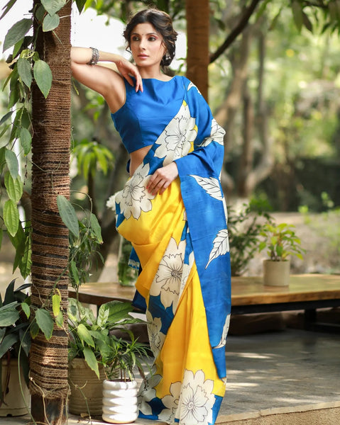 YELLOW & BLUE PURE SILK HANDPAINTED SAREE