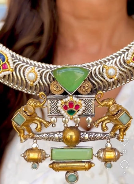 Dual 2 Tone Fusion Elephant Kundan Hasli Necklace Set