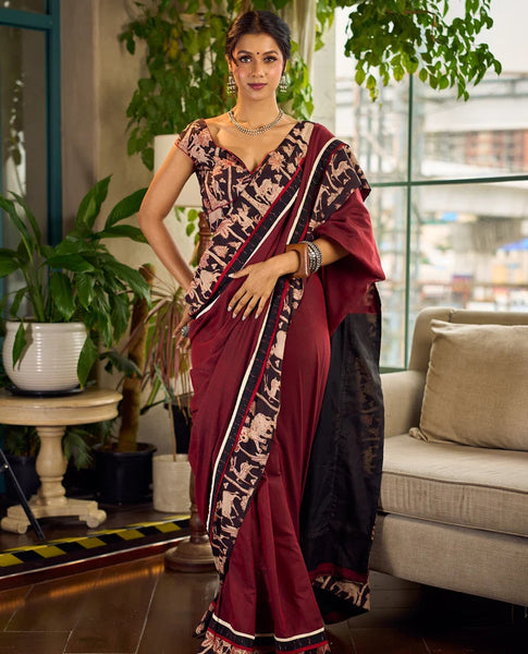 Maroon-Black Dual-Tone Cotton Saree with Kalamkari Border & Pallu