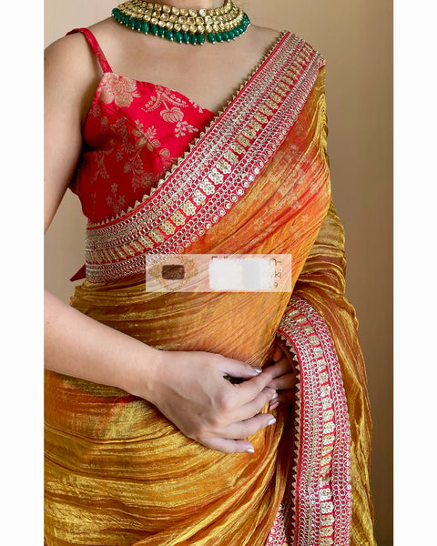 Gold Zari Tissue Saree with Red Border