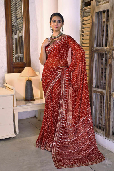 Bollywood Kareena Kapoor Coral Brick Red Chiffon Block Print