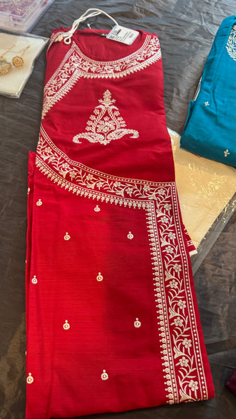 Red and White Pure Raw Silk Embroidered Bengali Punjabi