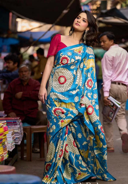 Blue Tussar Silk Saree with Bold Kalamkari Motifs