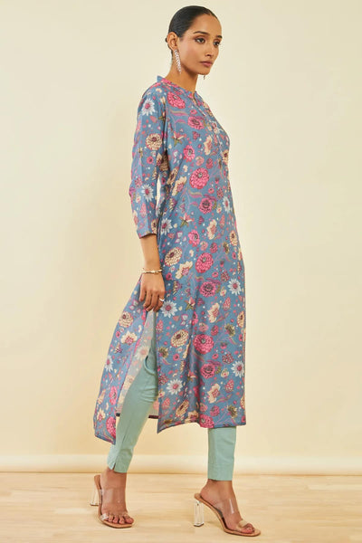 Grey Muslin Floral Print Straight Kurta with Beads Work