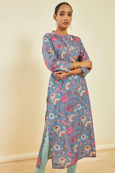 Grey Muslin Floral Print Straight Kurta with Beads Work