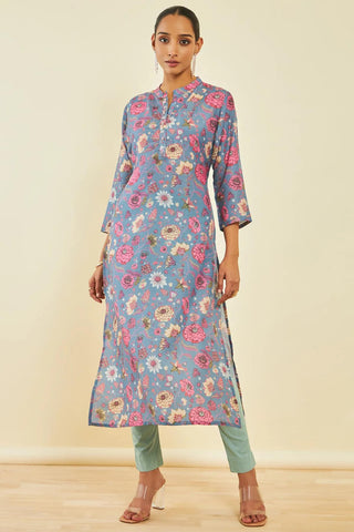 Grey Muslin Floral Print Straight Kurta with Beads Work