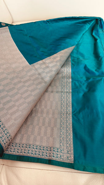 Soft Banarasi Silk Saree Iridescent Peacock Blue With Zari Border