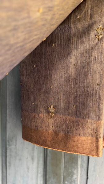 Dual Tone Grey Silver Gold Tone Tissue Linen Saree