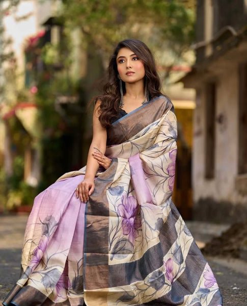 Dusty Lavender Tussar Silk Saree with Elegant Floral Print & Zari Border