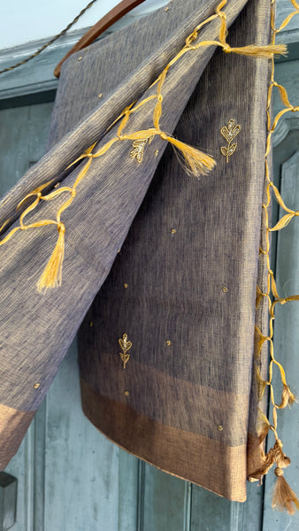 Dual Tone Grey Silver Gold Tone Tissue Linen Saree