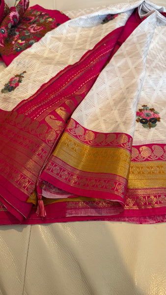 White Soft Silk Saree with French Knots and Kantha Stitch with Zari Border
