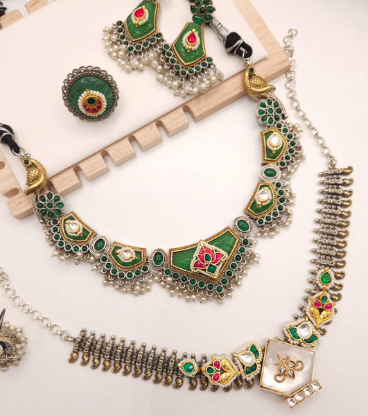 Designer Fusion Green Meenakari Jadau Kundan Necklace Set