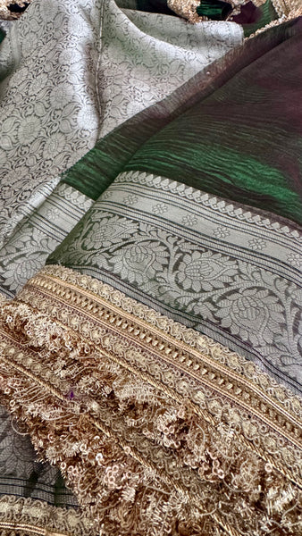 Iridescent Green Tissue Banarasi Brocade Silk Saree