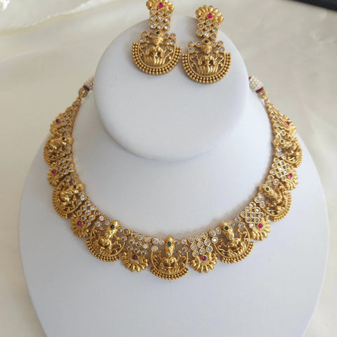 Bhani goldplated statement choker necklace set with Green and Red Stone