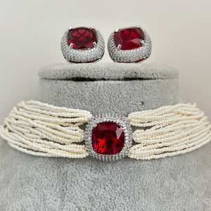 Ruby Stone CZ Pearl Choker Set