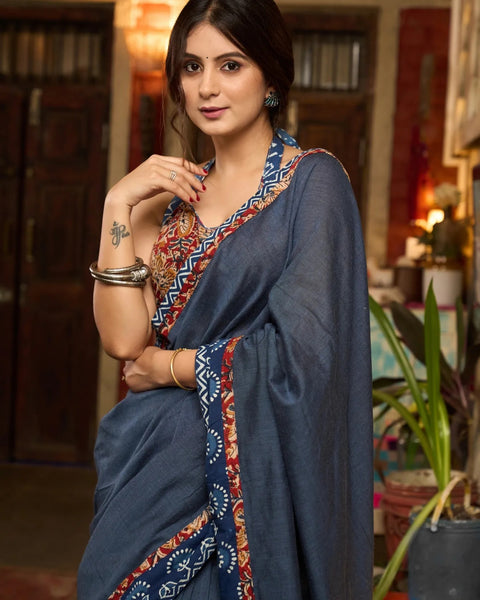 MIDNIGHT BLUE COTTON SAREE WITH INDIGO AND KALAMKARI BORDERS