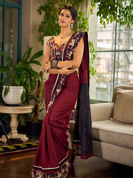 Maroon-Black Dual-Tone Cotton Saree with Kalamkari Border & Pallu