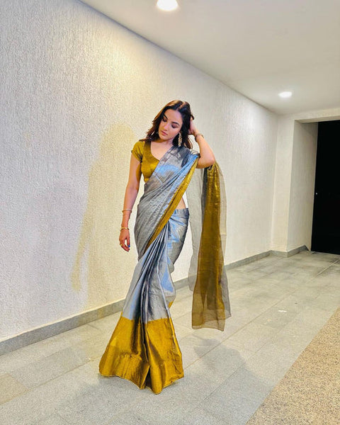 Dual Tone Metallic Gold and Silver Handloom Tissue Saree